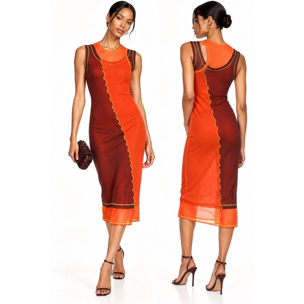 Marina Moscone Dress MSRP $550 Maroon Red Layered Sheath Mesh Midi XS/S